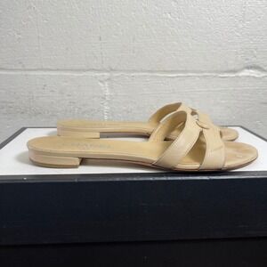 Chanel Camellia Cream Leather Flat Thong Sandals Womens 39 C/9 US Made in Italy